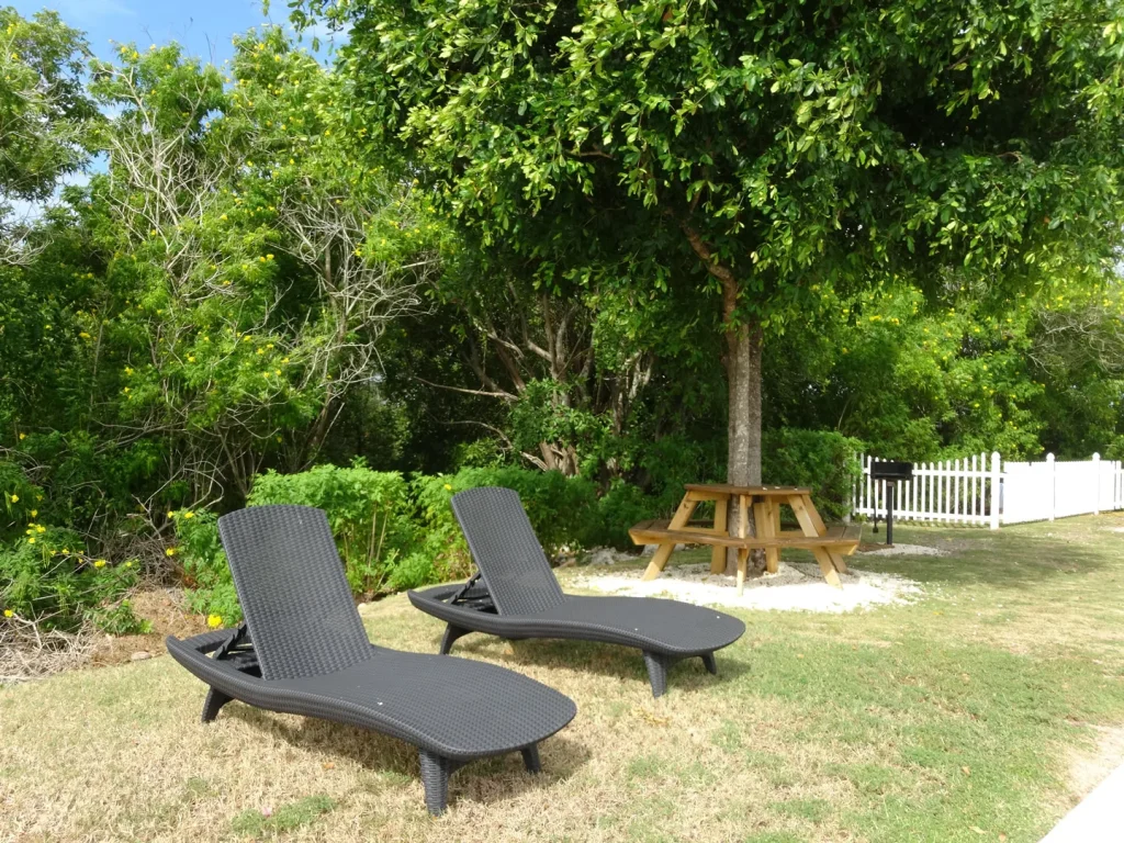 Garden seating and picnic area at Sunset Paradise